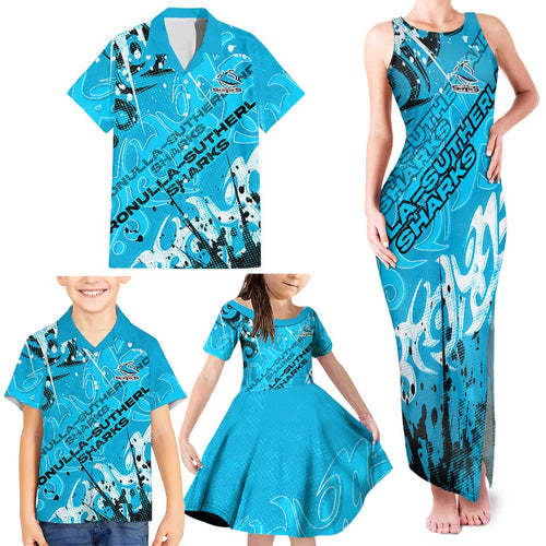 Personalized Cronulla-Sutherland Sharks Rugby Family Matching Tank Maxi Dress and Hawaiian Shirt Urban Street Graffiti Style - Distressed Splatter Elements