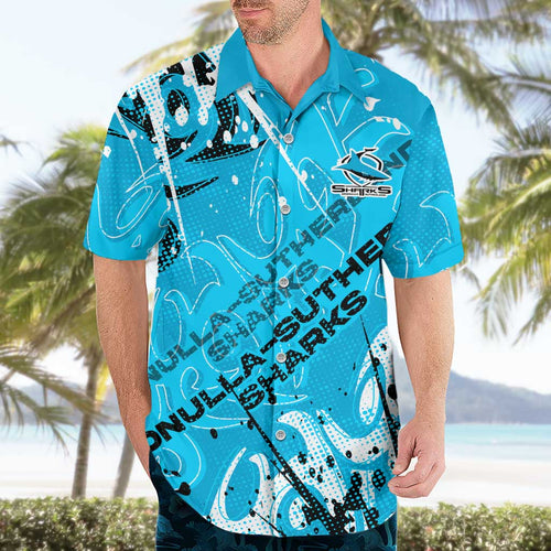 Personalized Cronulla-Sutherland Sharks Rugby Hawaiian Shirt Urban Street Graffiti Style - Distressed Splatter Elements