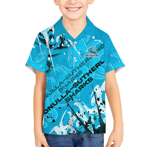 Personalized Cronulla-Sutherland Sharks Rugby Hawaiian Shirt Urban Street Graffiti Style - Distressed Splatter Elements