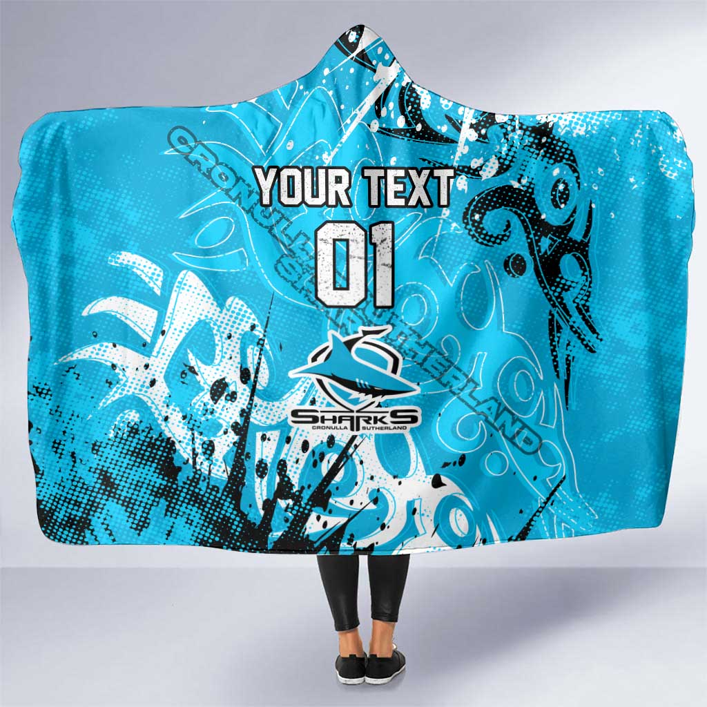 Personalized Cronulla-Sutherland Sharks Rugby Hooded Blanket Urban Street Graffiti Style - Distressed Splatter Elements