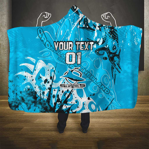 Personalized Cronulla-Sutherland Sharks Rugby Hooded Blanket Urban Street Graffiti Style - Distressed Splatter Elements