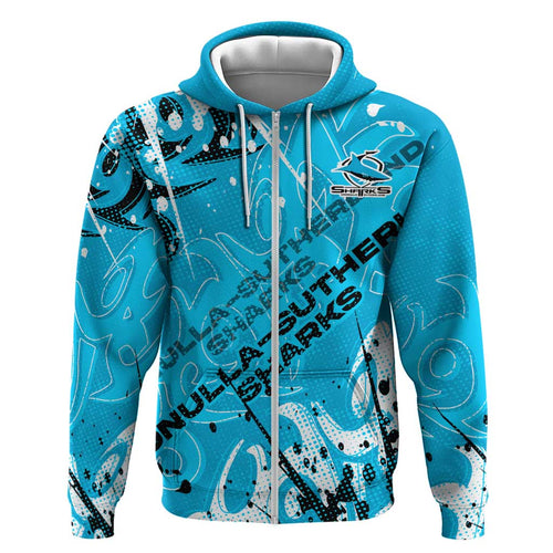Personalized Cronulla-Sutherland Sharks Rugby Hoodie Urban Street Graffiti Style - Distressed Splatter Elements