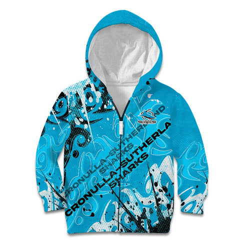 Personalized Cronulla-Sutherland Sharks Rugby Kid Hoodie Urban Street Graffiti Style - Distressed Splatter Elements