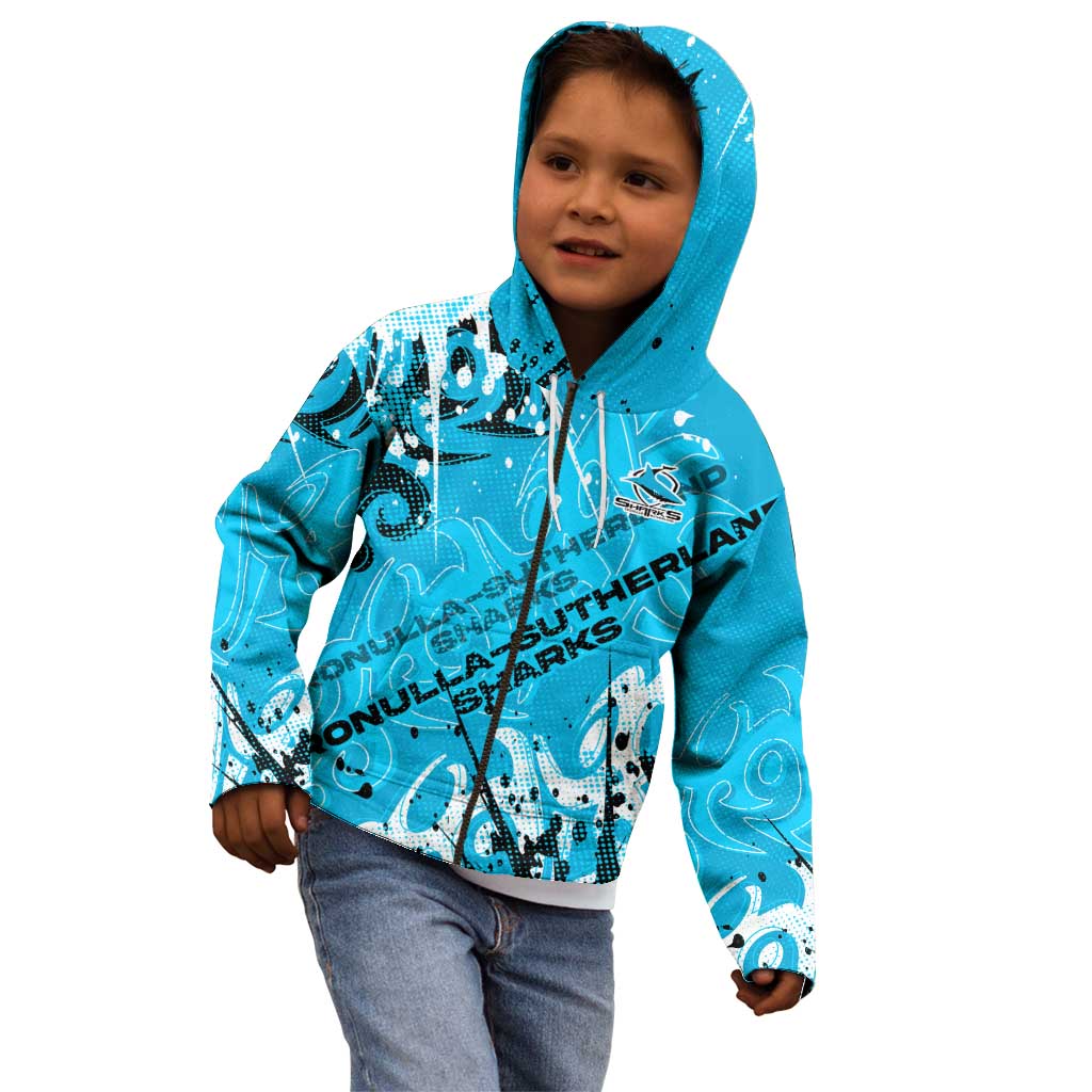 Personalized Cronulla-Sutherland Sharks Rugby Kid Hoodie Urban Street Graffiti Style - Distressed Splatter Elements