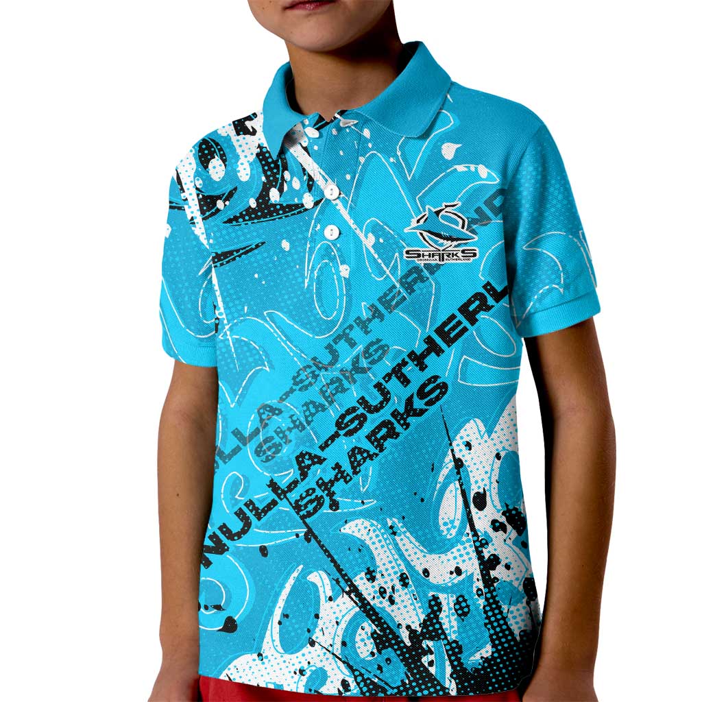 Personalized Cronulla-Sutherland Sharks Rugby Kid Polo Shirt Urban Street Graffiti Style - Distressed Splatter Elements
