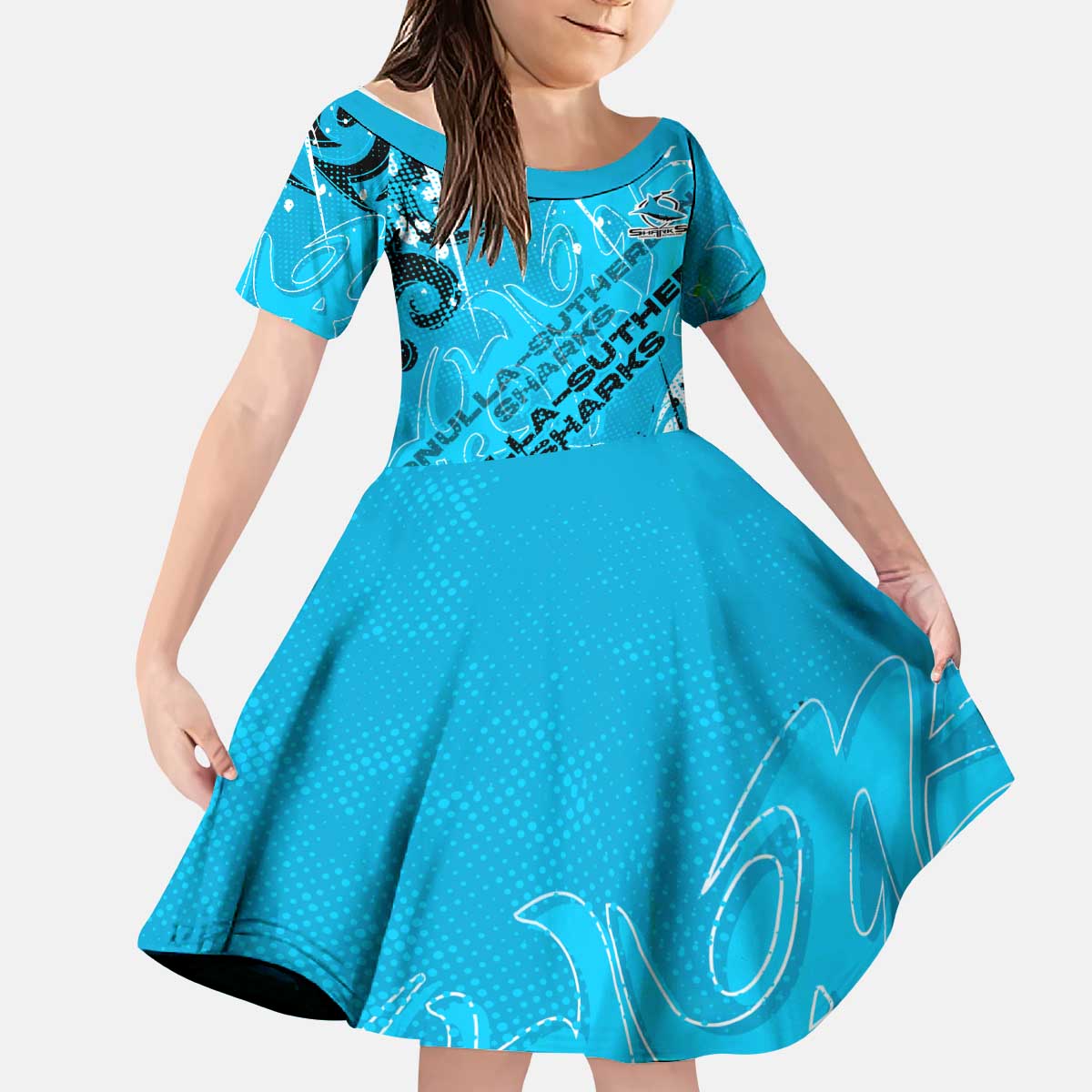 Personalized Cronulla-Sutherland Sharks Rugby Kid Short Sleeve Dress Urban Street Graffiti Style - Distressed Splatter Elements