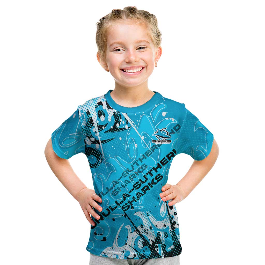 Personalized Cronulla-Sutherland Sharks Rugby Kid T Shirt Urban Street Graffiti Style - Distressed Splatter Elements