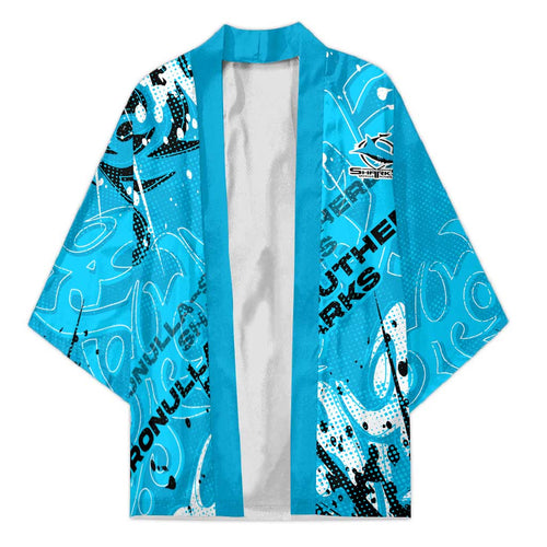 Personalized Cronulla-Sutherland Sharks Rugby Kimono Urban Street Graffiti Style - Distressed Splatter Elements