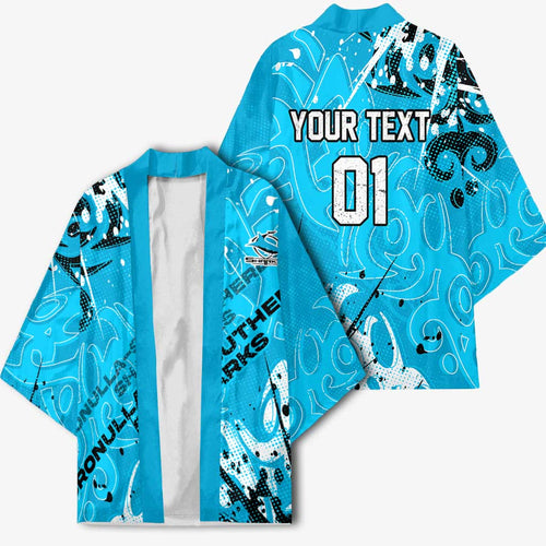 Personalized Cronulla-Sutherland Sharks Rugby Kimono Urban Street Graffiti Style - Distressed Splatter Elements