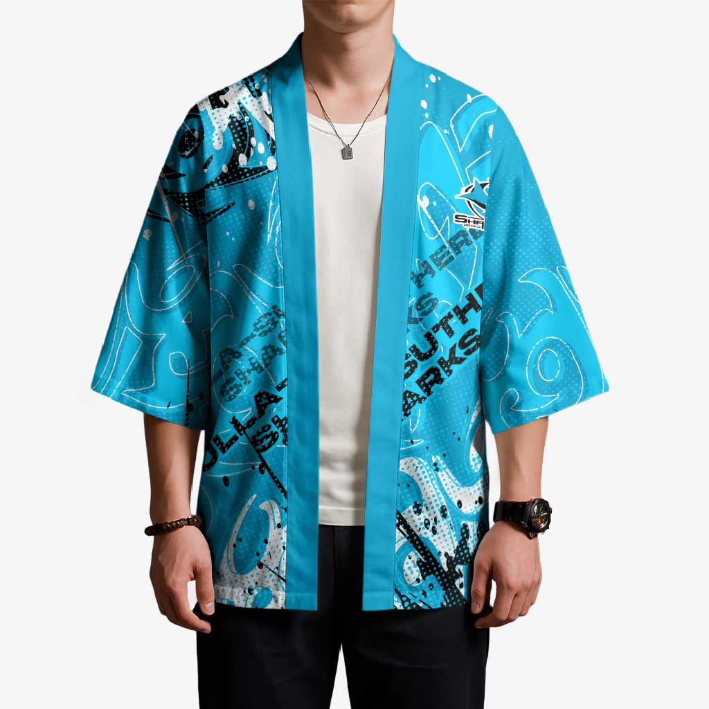 Personalized Cronulla-Sutherland Sharks Rugby Kimono Urban Street Graffiti Style - Distressed Splatter Elements
