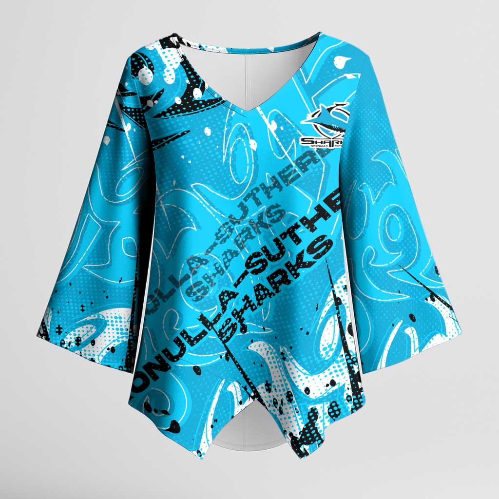Personalized Cronulla-Sutherland Sharks Rugby Kimono Sleeve Blouse Urban Street Graffiti Style - Distressed Splatter Elements