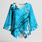 Personalized Cronulla-Sutherland Sharks Rugby Kimono Sleeve Blouse Urban Street Graffiti Style - Distressed Splatter Elements