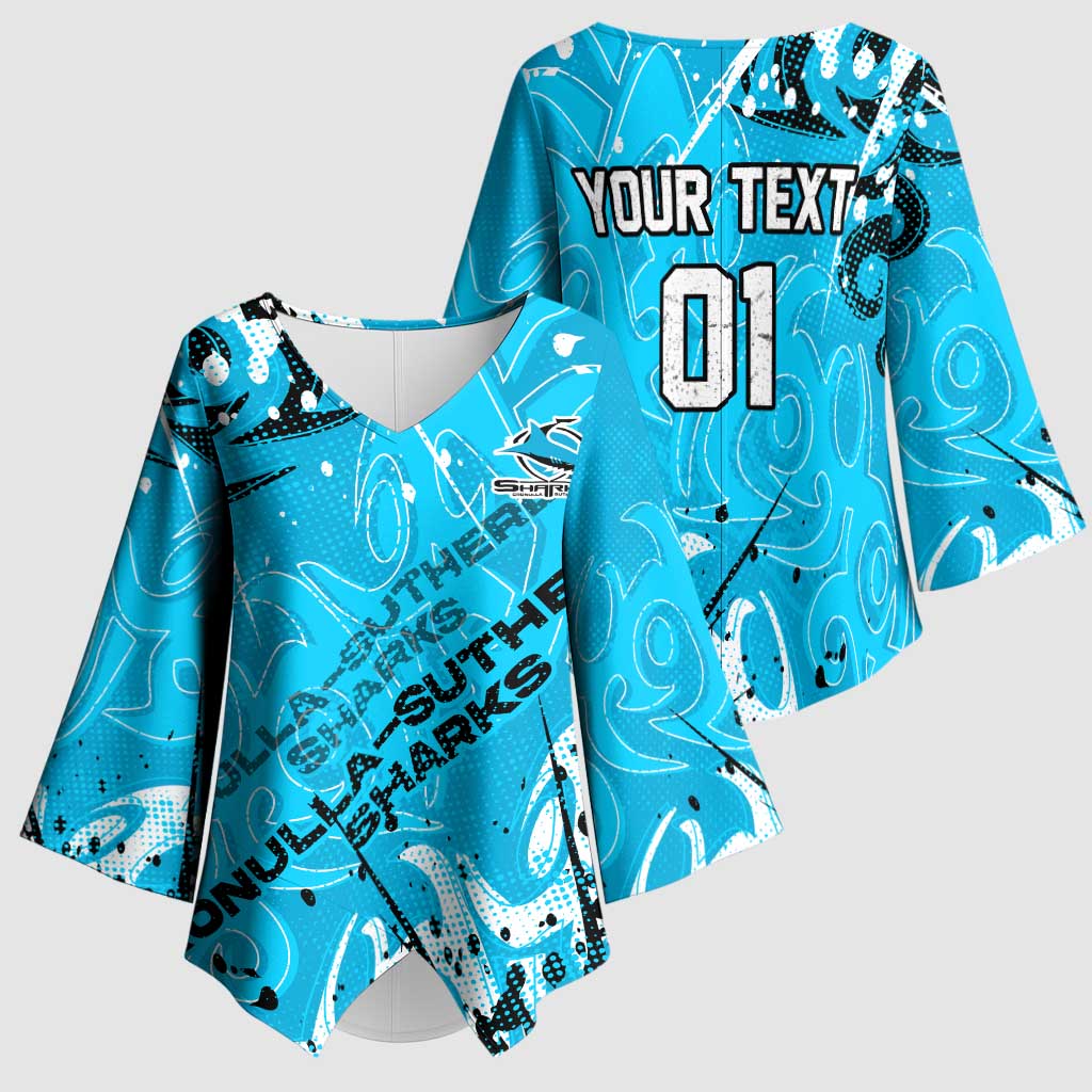 Personalized Cronulla-Sutherland Sharks Rugby Kimono Sleeve Blouse Urban Street Graffiti Style - Distressed Splatter Elements