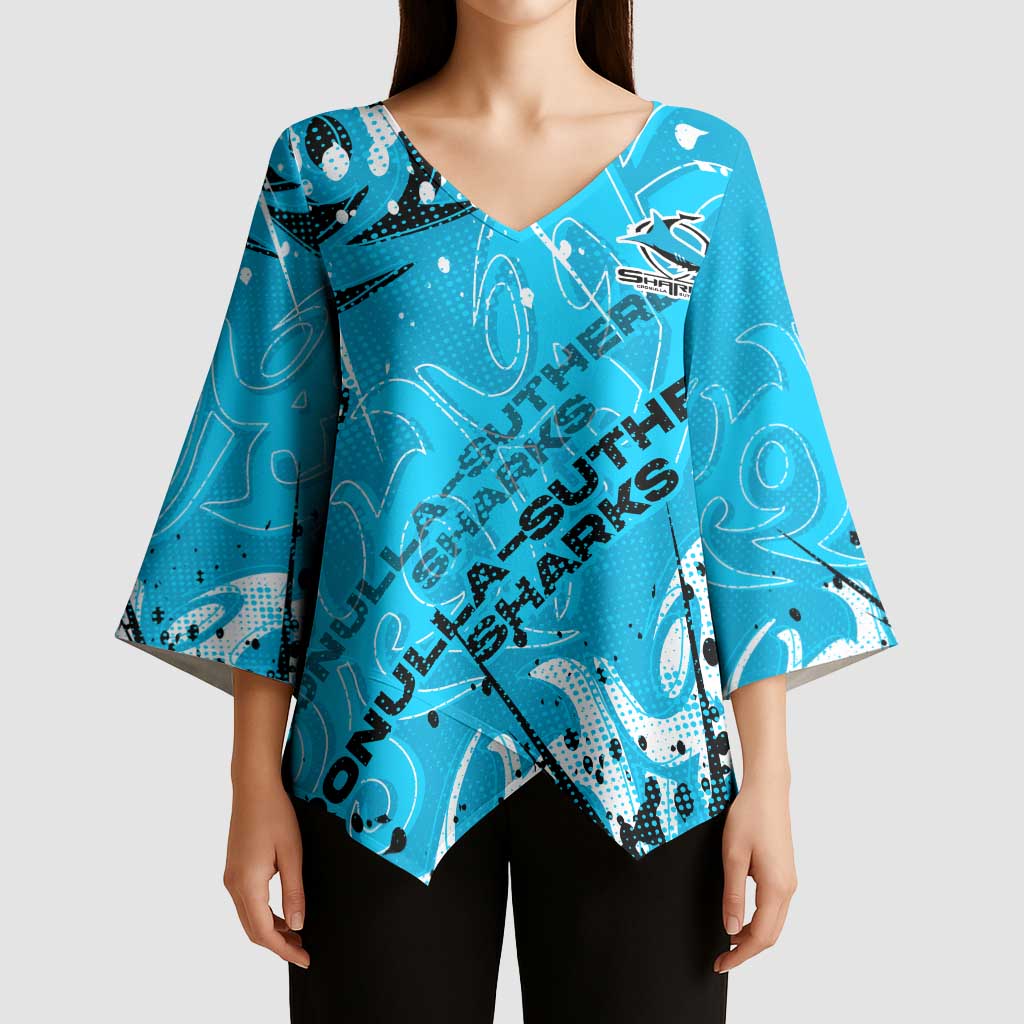 Personalized Cronulla-Sutherland Sharks Rugby Kimono Sleeve Blouse Urban Street Graffiti Style - Distressed Splatter Elements