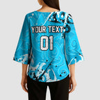 Personalized Cronulla-Sutherland Sharks Rugby Kimono Sleeve Blouse Urban Street Graffiti Style - Distressed Splatter Elements