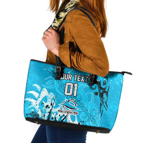 Personalized Cronulla-Sutherland Sharks Rugby Leather Tote Bag Urban Street Graffiti Style - Distressed Splatter Elements