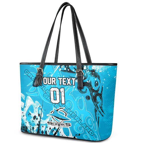 Personalized Cronulla-Sutherland Sharks Rugby Leather Tote Bag Urban Street Graffiti Style - Distressed Splatter Elements
