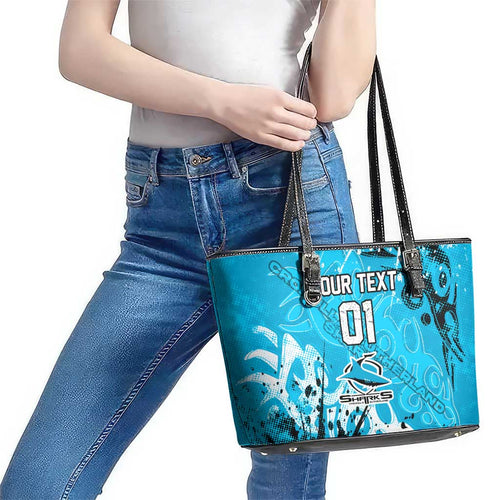 Personalized Cronulla-Sutherland Sharks Rugby Leather Tote Bag Urban Street Graffiti Style - Distressed Splatter Elements