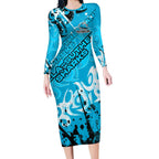 Personalized Cronulla-Sutherland Sharks Rugby Long Sleeve Bodycon Dress Urban Street Graffiti Style - Distressed Splatter Elements