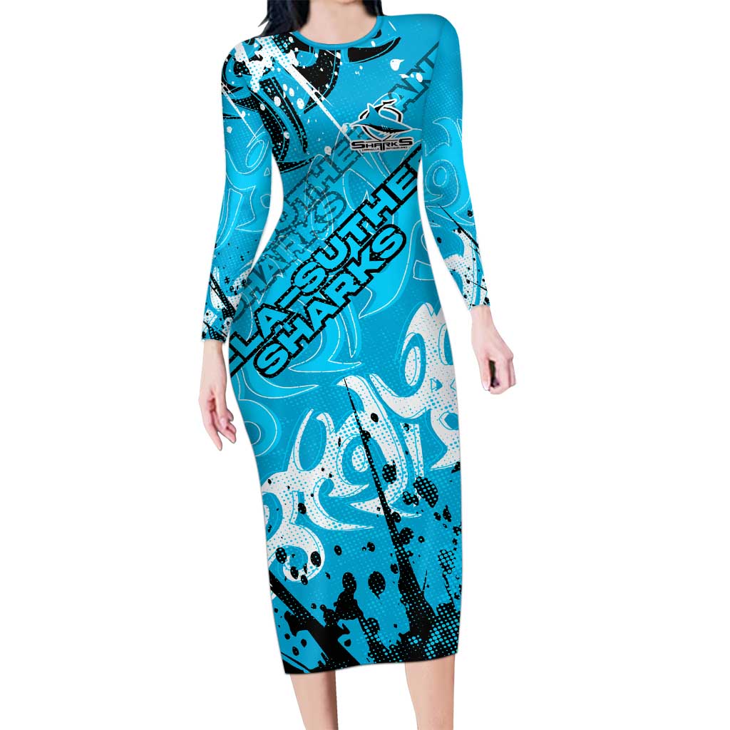 Personalized Cronulla-Sutherland Sharks Rugby Long Sleeve Bodycon Dress Urban Street Graffiti Style - Distressed Splatter Elements