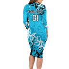 Personalized Cronulla-Sutherland Sharks Rugby Long Sleeve Bodycon Dress Urban Street Graffiti Style - Distressed Splatter Elements