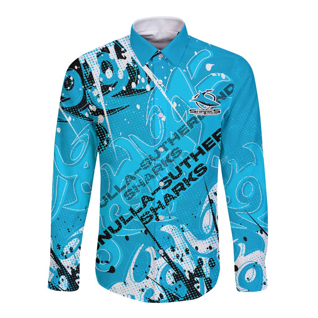 Personalized Cronulla-Sutherland Sharks Rugby Long Sleeve Button Shirt Urban Street Graffiti Style - Distressed Splatter Elements