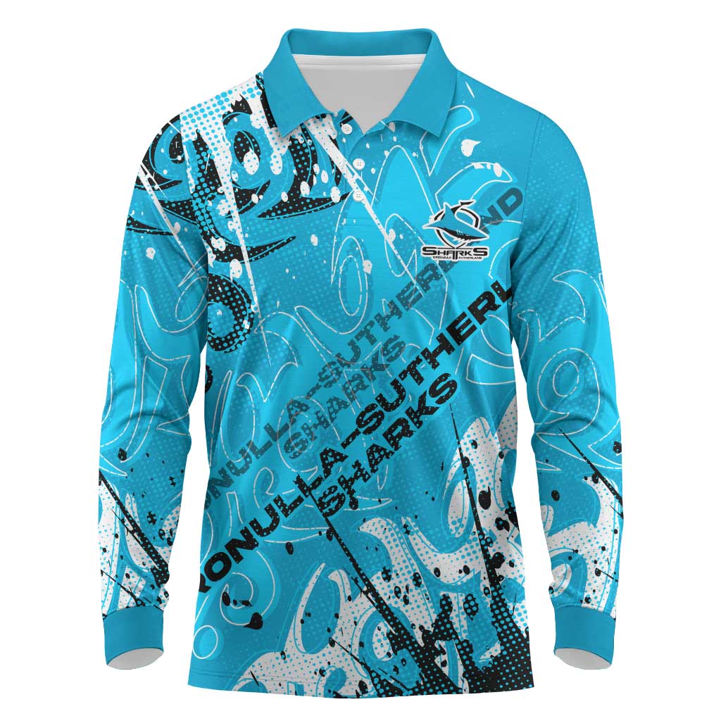 Personalized Cronulla-Sutherland Sharks Rugby Long Sleeve Polo Shirt Urban Street Graffiti Style - Distressed Splatter Elements