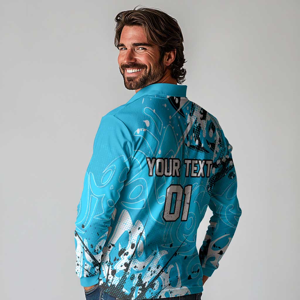 Personalized Cronulla-Sutherland Sharks Rugby Long Sleeve Polo Shirt Urban Street Graffiti Style - Distressed Splatter Elements