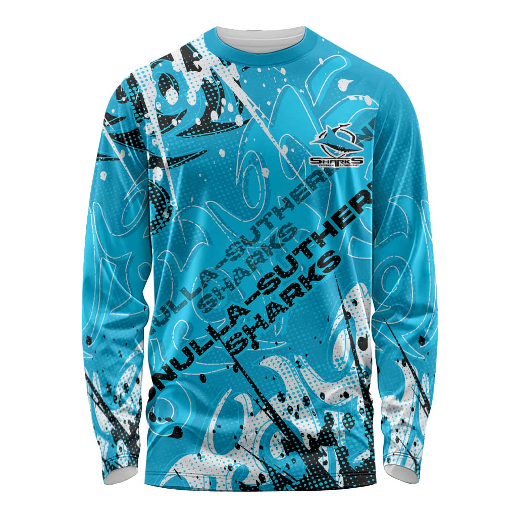 Personalized Cronulla-Sutherland Sharks Rugby Long Sleeve Shirt Urban Street Graffiti Style - Distressed Splatter Elements