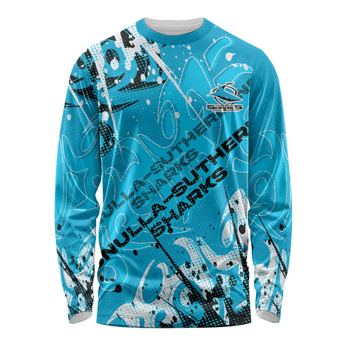 Personalized Cronulla-Sutherland Sharks Rugby Long Sleeve Shirt Urban Street Graffiti Style - Distressed Splatter Elements