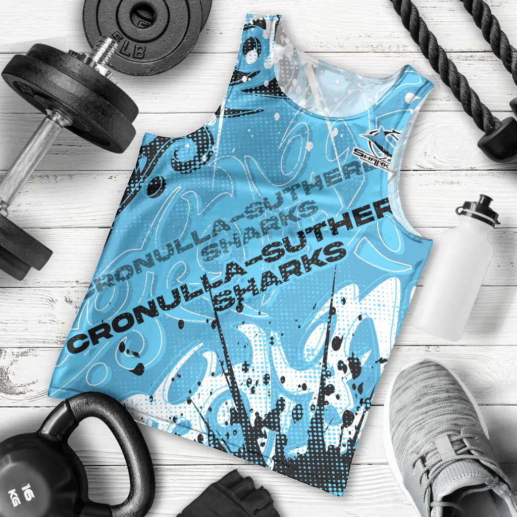 Personalized Cronulla-Sutherland Sharks Rugby Men Tank Top Urban Street Graffiti Style - Distressed Splatter Elements