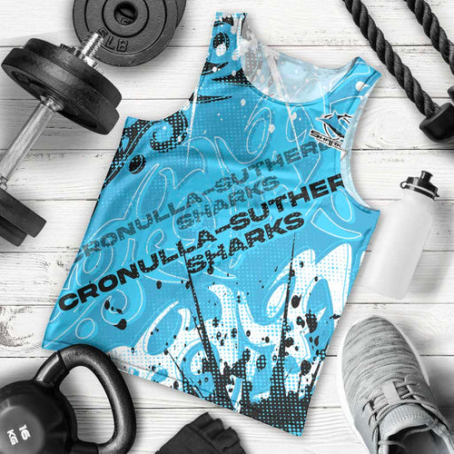 Personalized Cronulla-Sutherland Sharks Rugby Men Tank Top Urban Street Graffiti Style - Distressed Splatter Elements