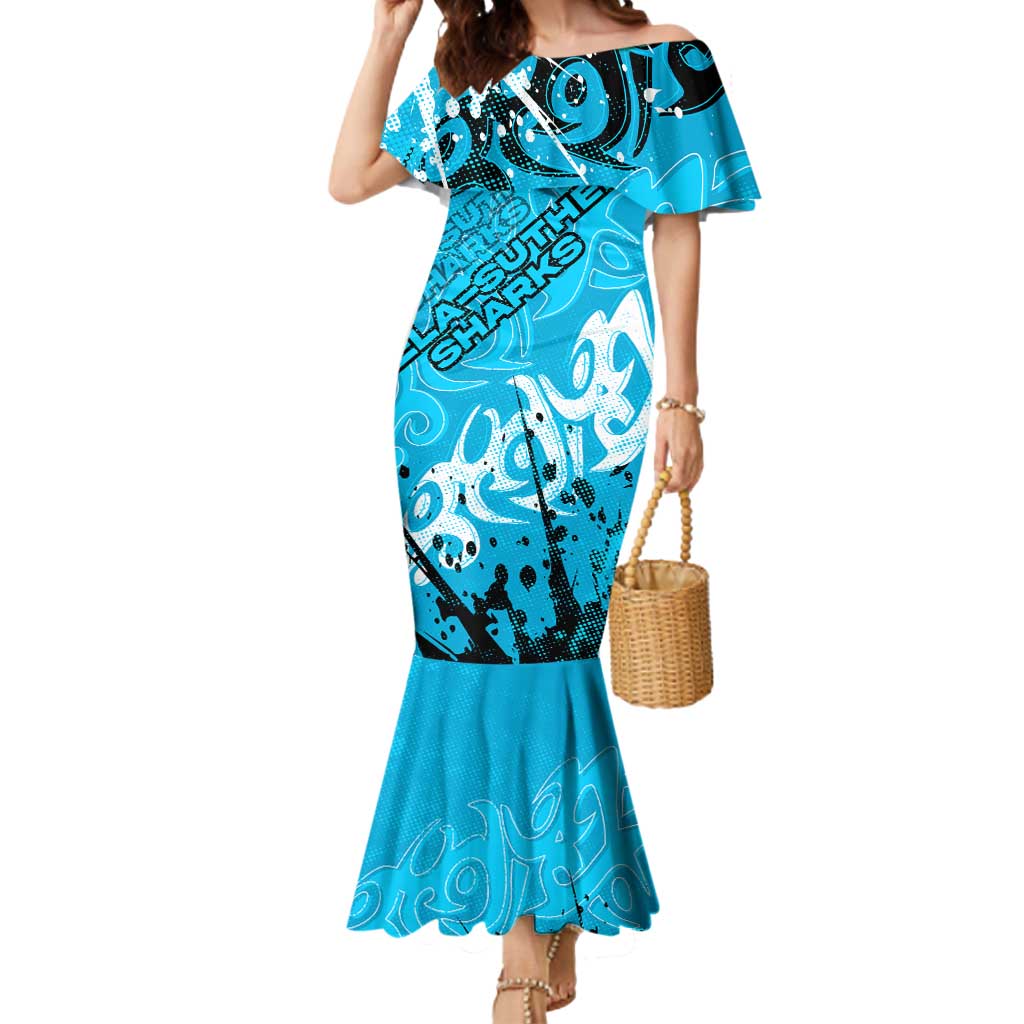 Personalized Cronulla-Sutherland Sharks Rugby Mermaid Dress Urban Street Graffiti Style - Distressed Splatter Elements