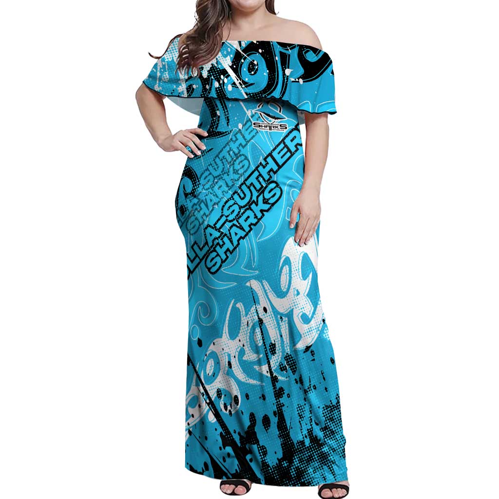 Personalized Cronulla-Sutherland Sharks Rugby Off Shoulder Maxi Dress Urban Street Graffiti Style - Distressed Splatter Elements