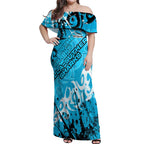 Personalized Cronulla-Sutherland Sharks Rugby Off Shoulder Maxi Dress Urban Street Graffiti Style - Distressed Splatter Elements