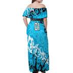 Personalized Cronulla-Sutherland Sharks Rugby Off Shoulder Maxi Dress Urban Street Graffiti Style - Distressed Splatter Elements