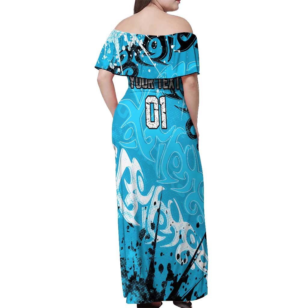 Personalized Cronulla-Sutherland Sharks Rugby Off Shoulder Maxi Dress Urban Street Graffiti Style - Distressed Splatter Elements