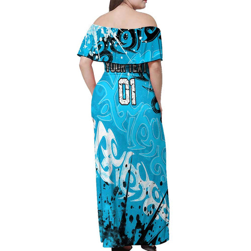 Personalized Cronulla-Sutherland Sharks Rugby Off Shoulder Maxi Dress Urban Street Graffiti Style - Distressed Splatter Elements