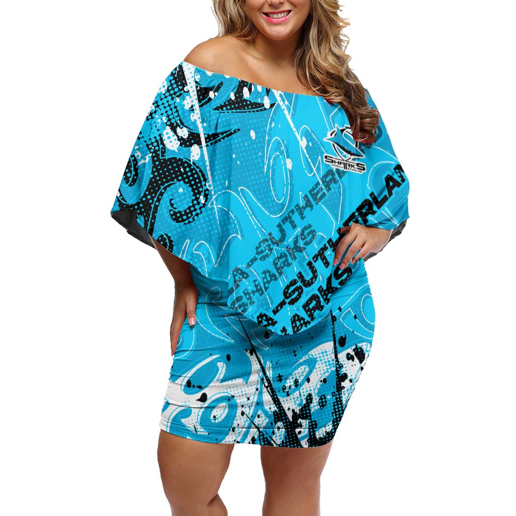 Personalized Cronulla-Sutherland Sharks Rugby Off Shoulder Short Dress Urban Street Graffiti Style - Distressed Splatter Elements