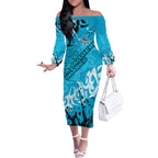 Personalized Cronulla-Sutherland Sharks Rugby Off The Shoulder Long Sleeve Dress Urban Street Graffiti Style - Distressed Splatter Elements