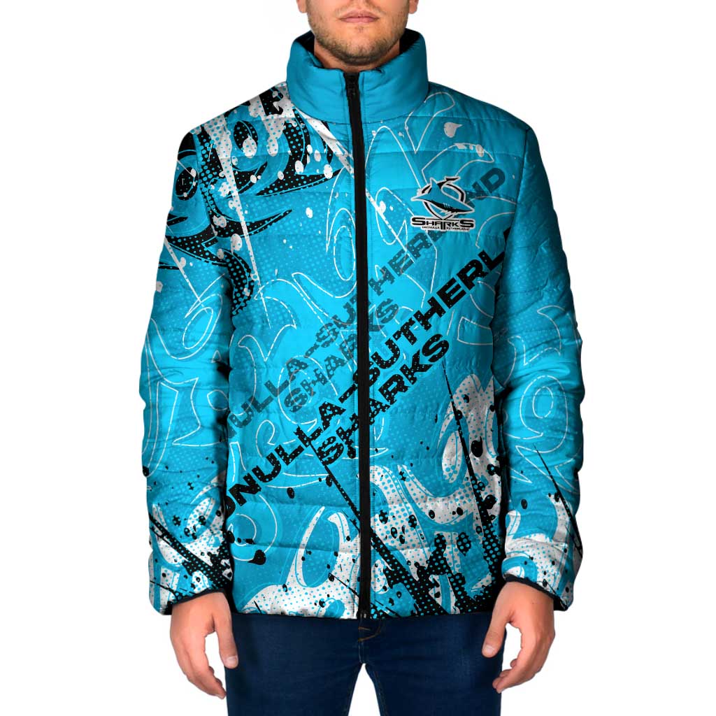 Personalized Cronulla-Sutherland Sharks Rugby Padded Jacket Urban Street Graffiti Style - Distressed Splatter Elements