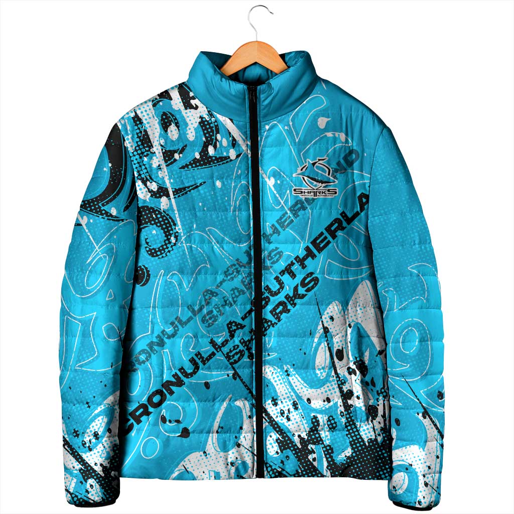 Personalized Cronulla-Sutherland Sharks Rugby Padded Jacket Urban Street Graffiti Style - Distressed Splatter Elements