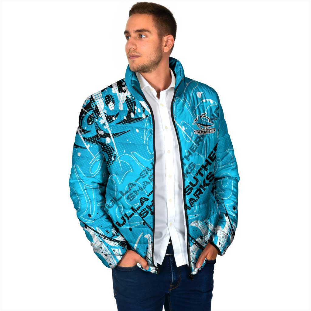Personalized Cronulla-Sutherland Sharks Rugby Padded Jacket Urban Street Graffiti Style - Distressed Splatter Elements