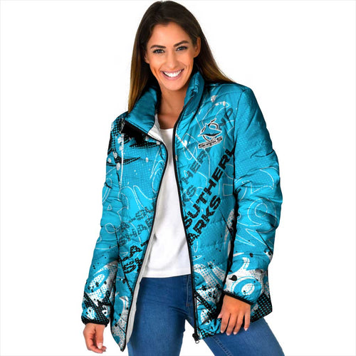 Personalized Cronulla-Sutherland Sharks Rugby Padded Jacket Urban Street Graffiti Style - Distressed Splatter Elements