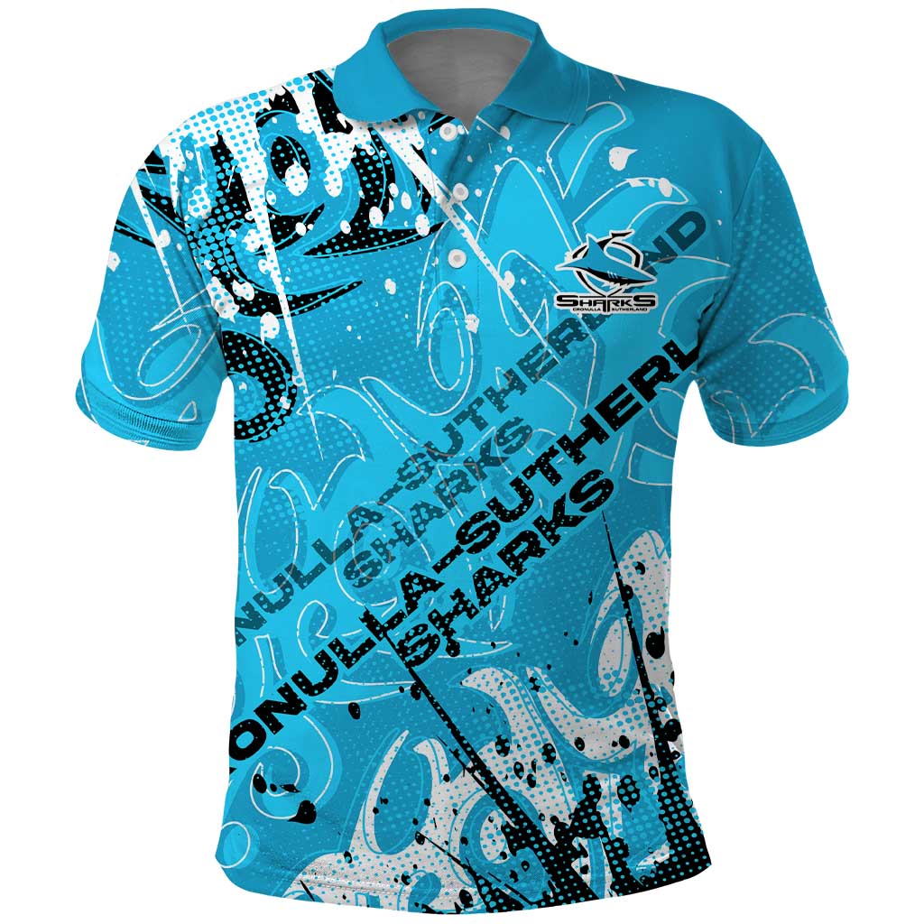 Personalized Cronulla-Sutherland Sharks Rugby Polo Shirt Urban Street Graffiti Style - Distressed Splatter Elements