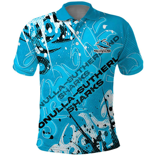 Personalized Cronulla-Sutherland Sharks Rugby Polo Shirt Urban Street Graffiti Style - Distressed Splatter Elements