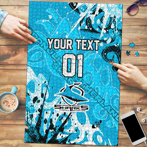 Personalized Cronulla-Sutherland Sharks Rugby Puzzle Urban Street Graffiti Style - Distressed Splatter Elements