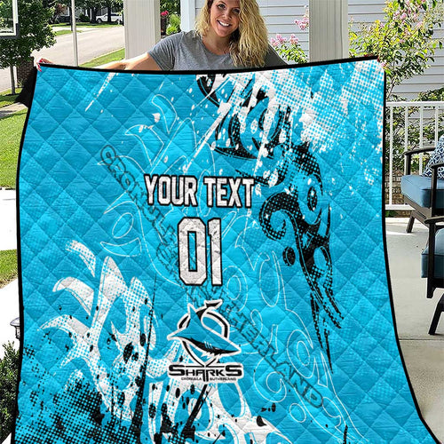 Personalized Cronulla-Sutherland Sharks Rugby Quilt Urban Street Graffiti Style - Distressed Splatter Elements