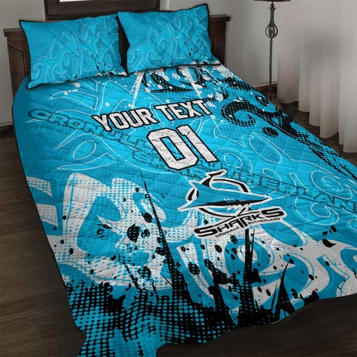 Personalized Cronulla-Sutherland Sharks Rugby Quilt Bed Set Urban Street Graffiti Style - Distressed Splatter Elements