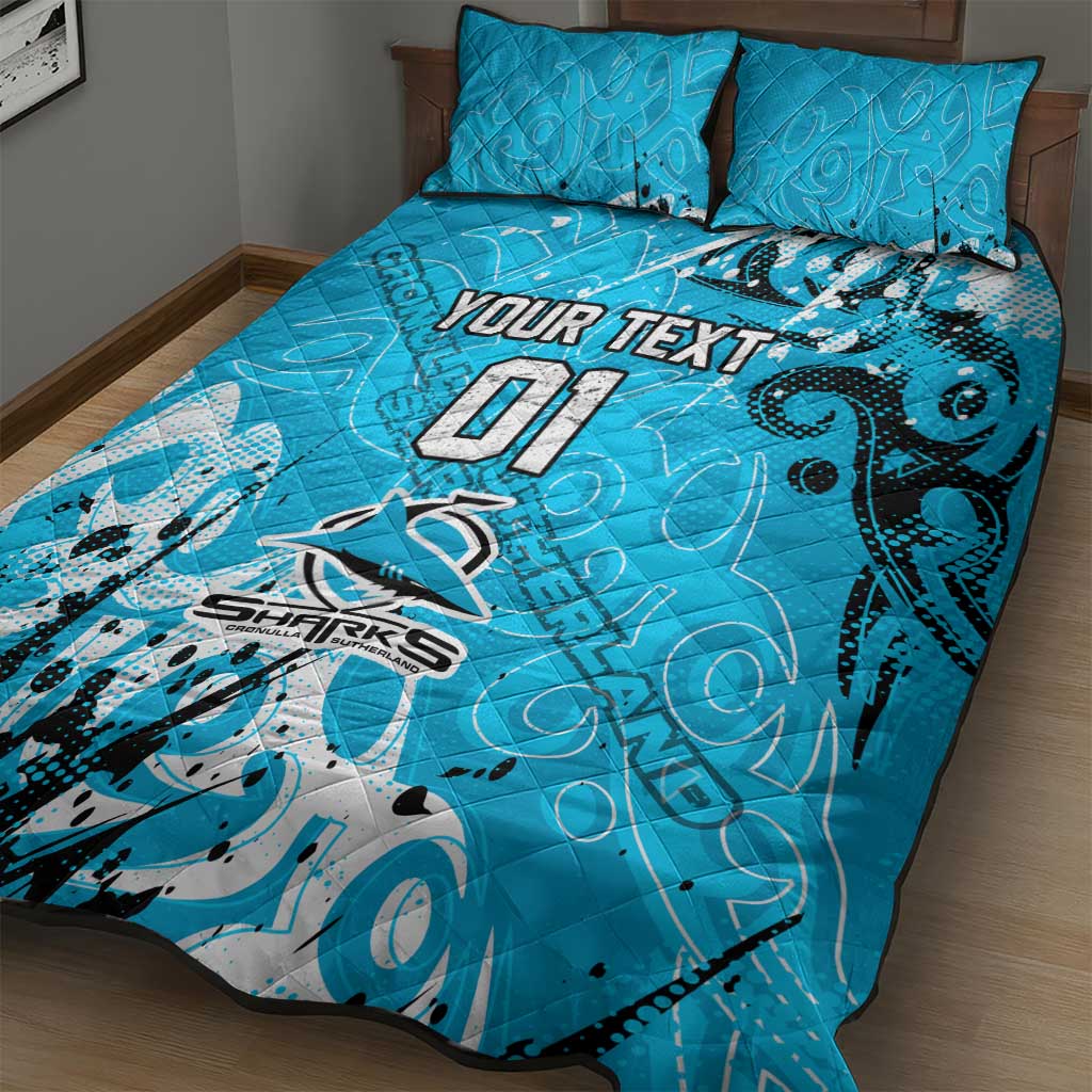 Personalized Cronulla-Sutherland Sharks Rugby Quilt Bed Set Urban Street Graffiti Style - Distressed Splatter Elements